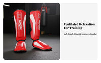 High Force Protection Muay Thai Leg Guards Adjustable Straps Muay Thai Shin Guards Long-Lasting PU Leather for Adults, Men, Training, Gym