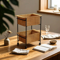 Two-Tier Storage Trolley Iron Frame Woven Basket Trolley Raised Rims