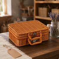 Woven Suitcase Box Top Handle Rattan Storage Box Brown for Gifting