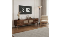 Retro Rattan TV Stand with Doors Low-Height TV Cabinet with Rattan Doors Tapered Wooden Credenza Woven for Living Room, Apartment