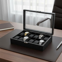 Carbon Fiber Watch Box Clear View Lid Watch Collection Organizer Men's Jewelry Organizer Secure Metal Clasp
