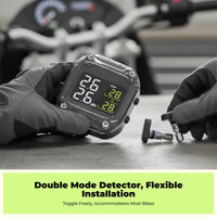 Motorcycle Tire Pressure tracking System, cordless TPMS, instant pressure and temperature alerts, waterproof, universal fit, easy installation
