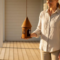 Weathered Iron Cottage Lantern Hanging Castle Candle Holder for Garden, Patio, Balcony