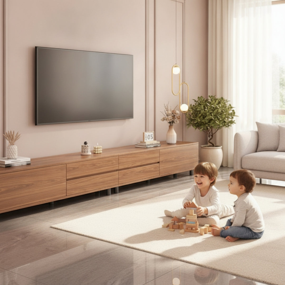 TV Cabinet with Drawers Wood-Grain Low-Profile Entertainment Center Minimalist Floor-Standing TV Credenza for Living Room, Apartment