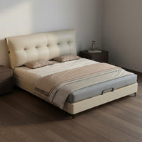 Cream Leather Tufted Bed Light Luxury Style Modern Leather Bed Frame Solid Wood Slat Base Bedroom Furniture for Couples, Small Apartment