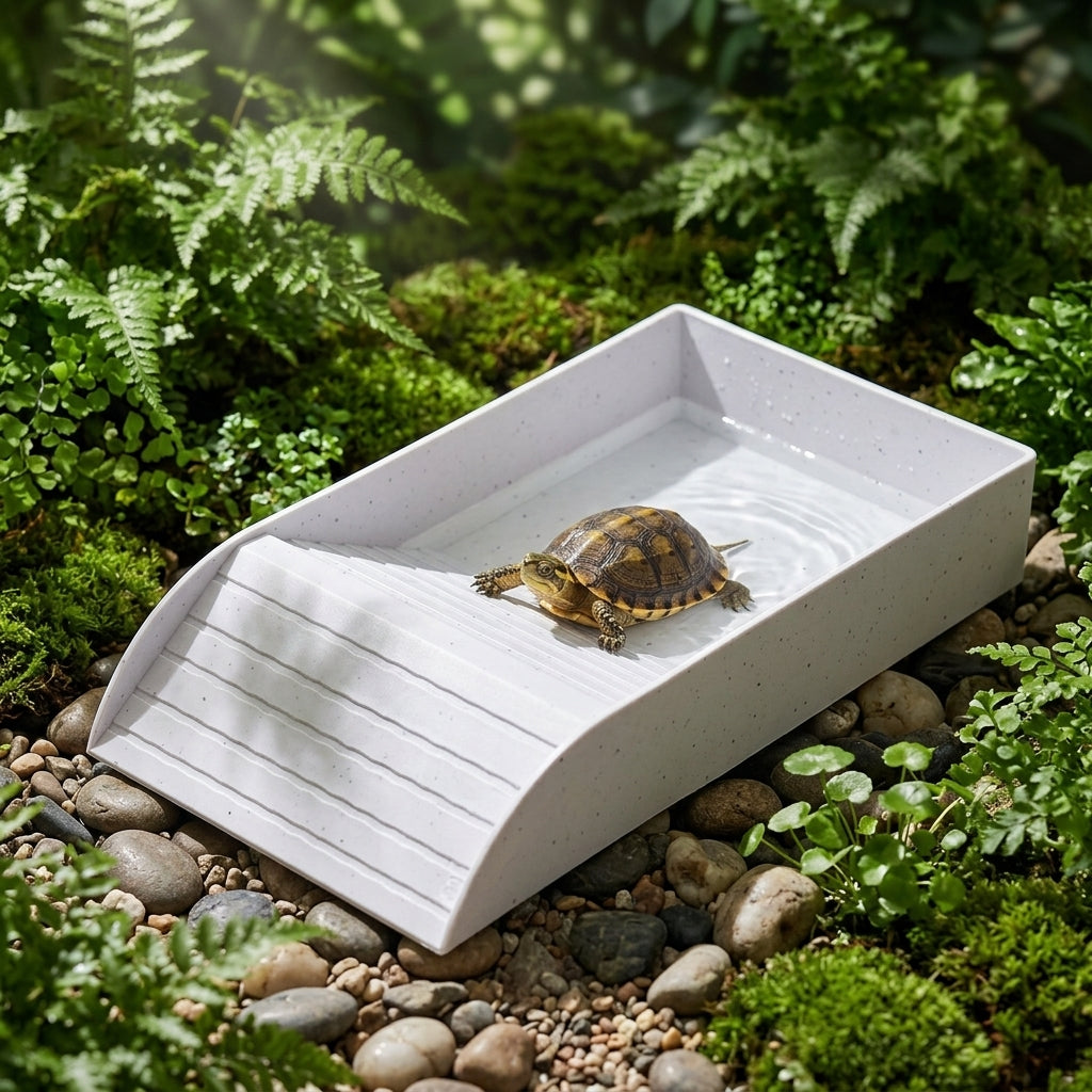 Large Turtle Basking Perch and Tortoise Bathing Pool, Textured Ramp Basin for Large Reptiles, Feeding and Soaking Dish