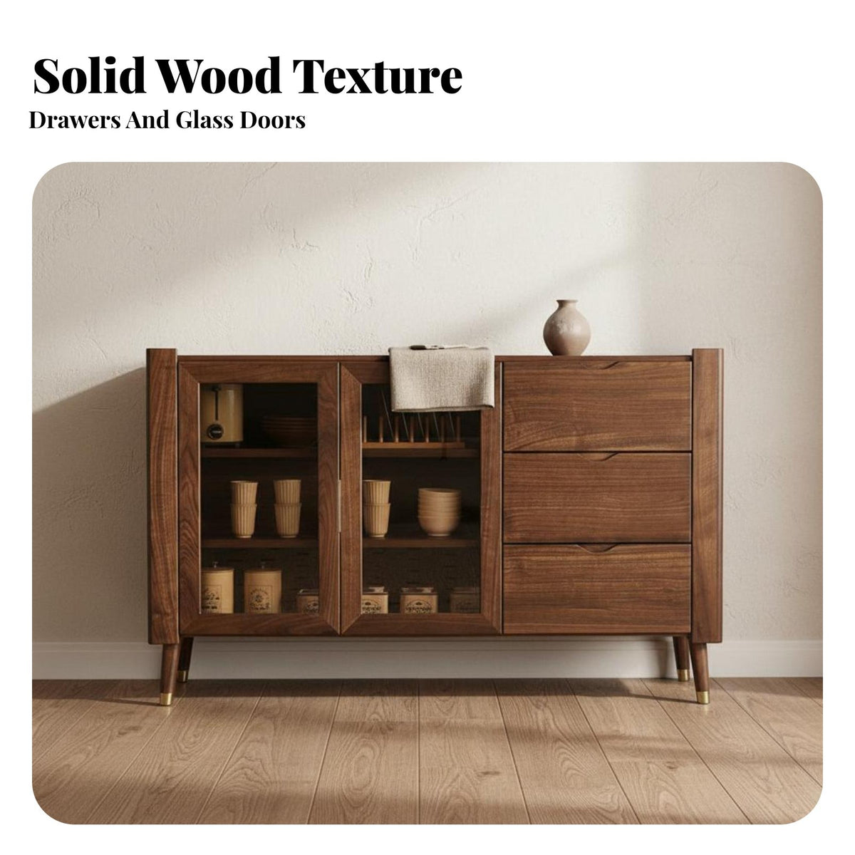 Large Capacity Solid Wood Sideboard Wide Countertop Walnut Buffet Cabinet Modern Design Wooden Accent Cabinet Soft Close Hinges for Apartment Dwellers, Homeowners, Families, Entryway, Hallway