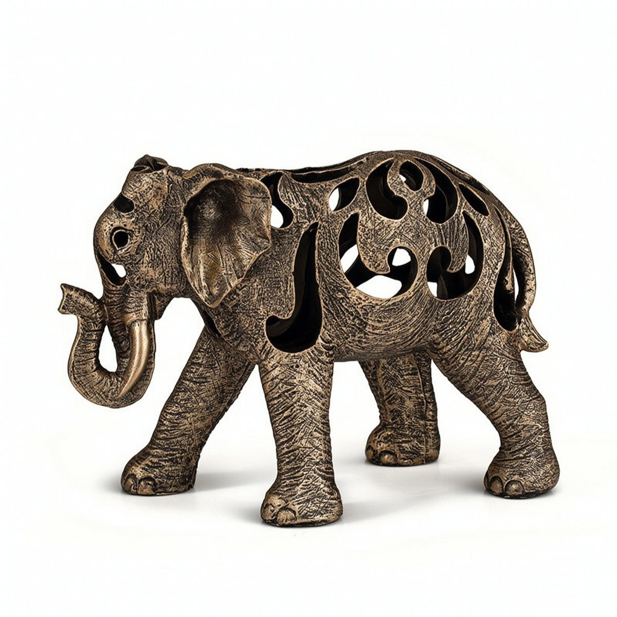Elephant Sculpture with Cutout Patterns Antique Bronze Resin Elephant Figurine Retro Style Ornament for Art Collectors, Living Room, Office, Bookshelf