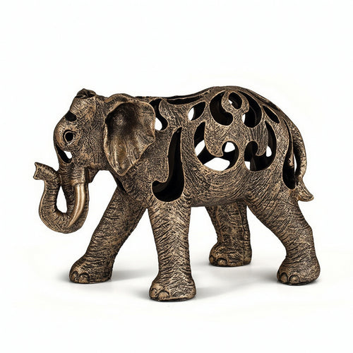 Elephant Sculpture with Cutout Patterns Antique Bronze Resin Elephant Figurine Retro Style Ornament for Art Collectors, Living Room, Office, Bookshelf
