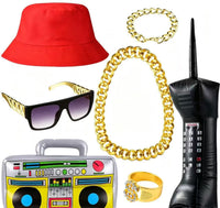 Hip Hop Gold Necklace Bracelet Black Bucket Hat Sunglasses Dollar Ring Party Costume Set