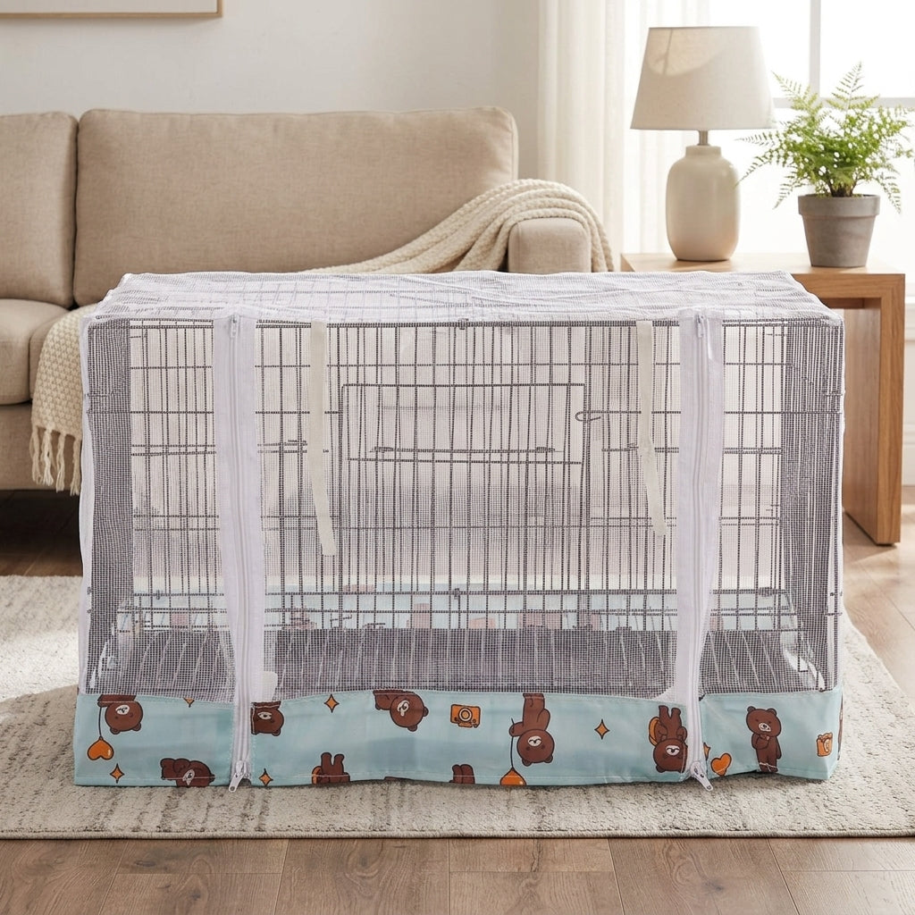 Pet Cage Cover with Ventilation Net Cover, Patterned Breathable Mesh Material Trim, Dustproof Cage Cover for Indoor Outdoor Use, Mesh Cover