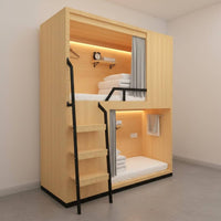 Dormitory Capsule Bunk Solid Wood Frame Wooden Hostel Bed Built-in Ladder Capsule Bed for Students, Visitors, Apartment