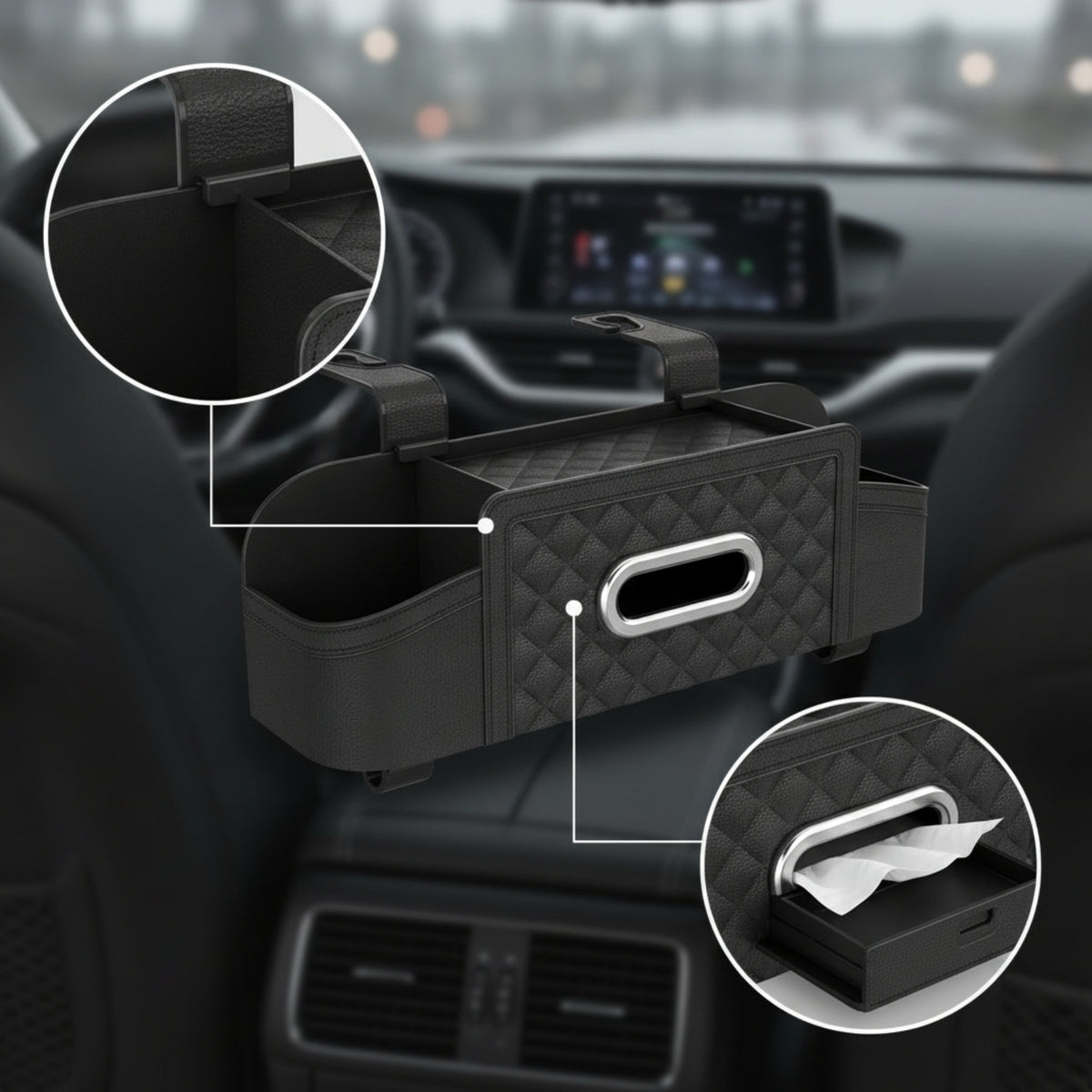 Hanging Car Back Seat Organizer with Tissue Box Structured Car Seat Back Storage Box Multi-Pocket Backseat Organizer Multifunctional for Commuters