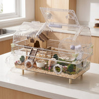 Large Hamster Habitat Villa, 2-Tier Viewing Cage with External Tubes and Built-in House, Indoor Use for Syrian Hamsters