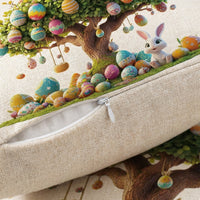 Easter Cushion Cover Linen Rabbit & Egg Tree Pattern, Decorative Throw Pillow Case with Invisible Zip, Farmhouse Spring Home Decoration for Sofa Couch Living Room Bedroom (45cm x 45cm)
