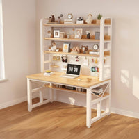 Computer Desk with Bookshelf Desk with Hutch and Pegboard Study Table Writing Desk with Integrated Shelves Solid Wood Top Steel Frame Suitable for Home Office Dorm Study Station