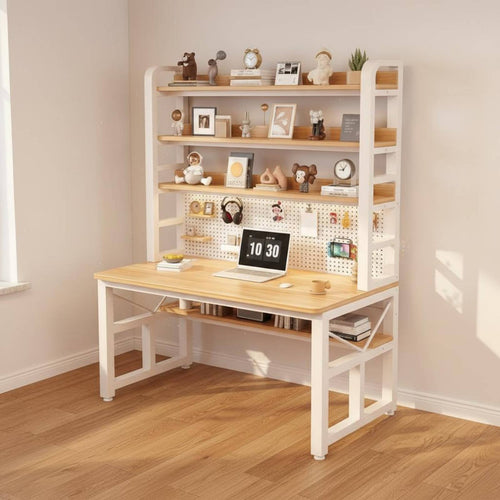 Computer Desk with Bookshelf Desk with Hutch and Pegboard Study Table Writing Desk with Integrated Shelves Solid Wood Top Steel Frame Suitable for Home Office Dorm Study Station