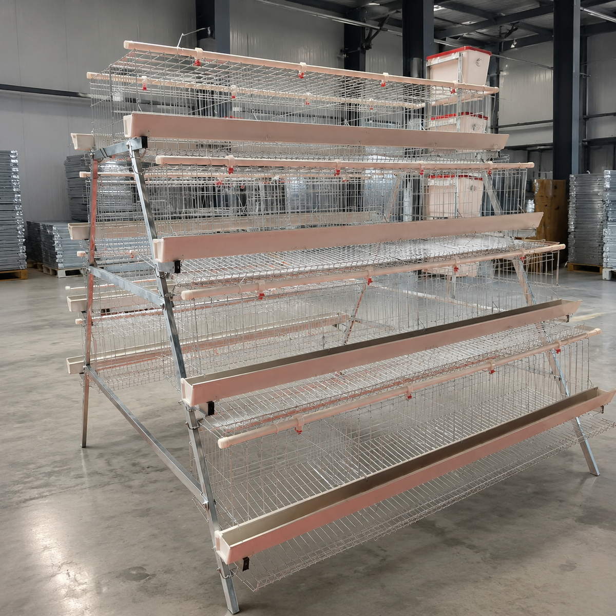 Tiered chicken cage, galvanized steel cage for laying hens, multi-level poultry cage for egg production, hygienic chicken keeping