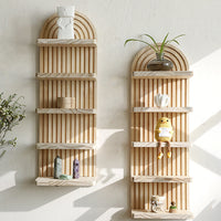 Bohemian Door-Shaped Solid Wood Wall Planter Shelf - Handcrafted Wooden Decor