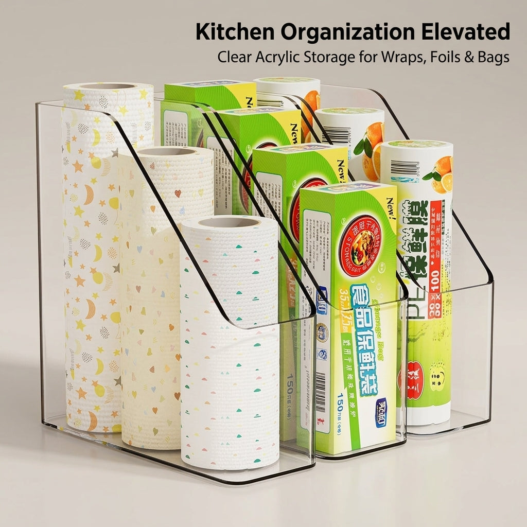 Cabinet Cupboard Organizer, Thickened Acrylic Food Wrap Dispenser & Kitchen No Installation Cling Film for Bags & Seasoning Bottles