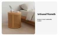 Multi-Functional Round Woven Side Table with Lid Japanese Inspired Design Round Side Table with Storage Space-Saving Organizer Basket Decorative Design for Apartment Dwellers, Homeowners, Interior Decorators, Bedroom, Living Room, Small Areas, Entryway