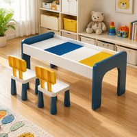 Kids Building Block Table and Chair Sets, Wooden Kids Table and Chair Sets for Toddlers, 106cm Multi-Functional Drawing Craft Table with Storage