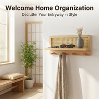 Coat Rack Shelf Wall Mounted, Entryway Key Holder Coat Rack, Wall Mounted Coat R #variant:Natural Wood (Woven Style) - Nail-Free Installation