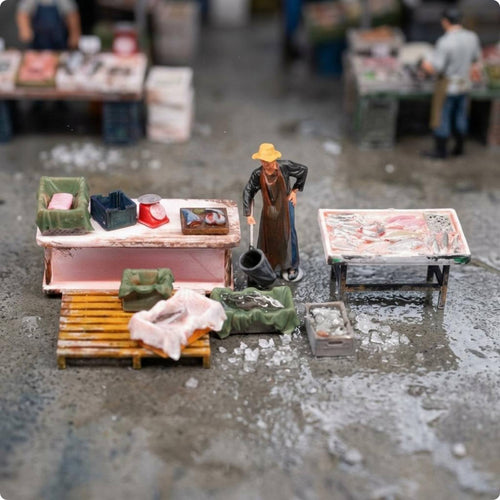 Seafood Seller Figurine Scene Display Market Stall Model Realistic