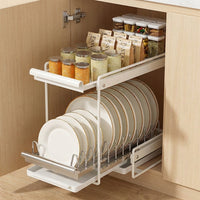 Pull-out Dish Rack with Pull-out Storage Tray, Stainless Steel Cabinet Organizer, Pull-out Bowl Rack for Kitchen Drawer, Cabinet Pull-out Unit