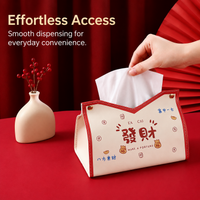 Decorative Tissue Box Holder for Desk, PU Leather Tissue Box Cover, New Chinese Inspired Print, 19x12x14cm for Living Room