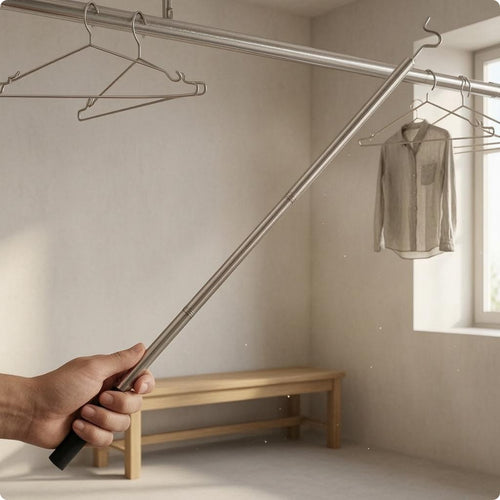 Stainless Steel Hook Rod Non-Slip Handle Adjustable Clothes Rod Removable
