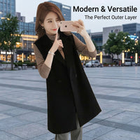 Women's Waistcoat for Work Wear and Business Casual, Polyester Two Button Vest with Functional Pockets, Mid-Length Loose Fit Design