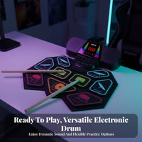 Foldable Drum Practice Mat Built-in Stereo Speakers Tabletop Drum Kit for Travel