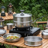 Stainless Steel Camping Cooker Set, Foldable Handle, Compact Storage, Ribbed Processing, Non-Stick Processing