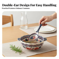 Ceramic Soup Pot, Polish Painted Floral Underglaze, Double Handle, Bohemian Style, Home Dining