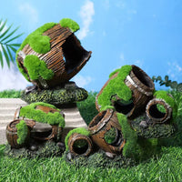 Resin Barrel Hideout for Fish Tank Aquarium Decoration, Mossy Submarine Style