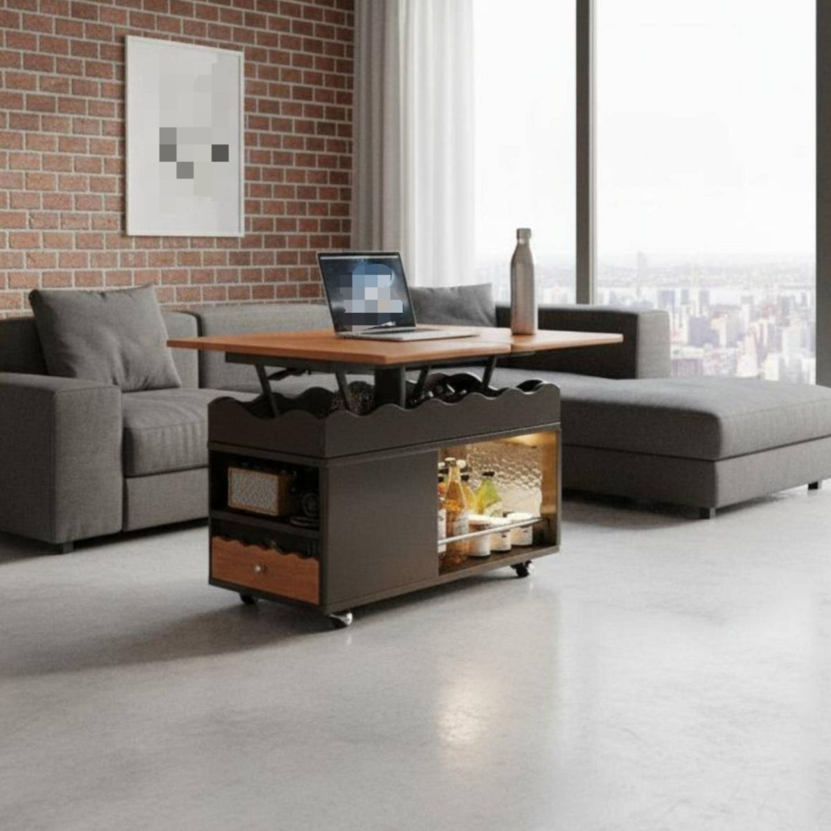 Rolling elevatingTop End Table with Pet Condo Space-Saving Indoor Feline House Rounded Corners for Small Areas, Living Room