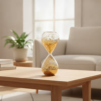 Shimmering Hourglass with Gold Glitter Elegant Decorative Hourglass Clear Tabletop Accent Aesthetic for Home Decorators, Minimalists, Living Room, Office, Study, Bedroom