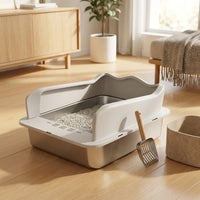 Cat Toilet Stainless Steel Litter Tray, Semi-Enclosed Litter Pan for All Cats, Odor Control Indoor Home for Cats, Never Absorbs Odor, 50x35cm