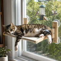 Cat Window Hammock with Suction Cups, Wooden Perch for Sunbathing and Viewing
