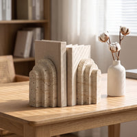Resin Bookend Decorative Arch Bookend Earthy Elegance Imitation Travertine Book Stopper for Coffee Table