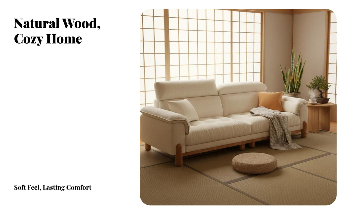 Scandi-Japanese Fusion Design Straight Sofa Removable and Washable Cover Cream Textile Couch Supportive Gentle Support Wood Frame Sofa for Homeowners