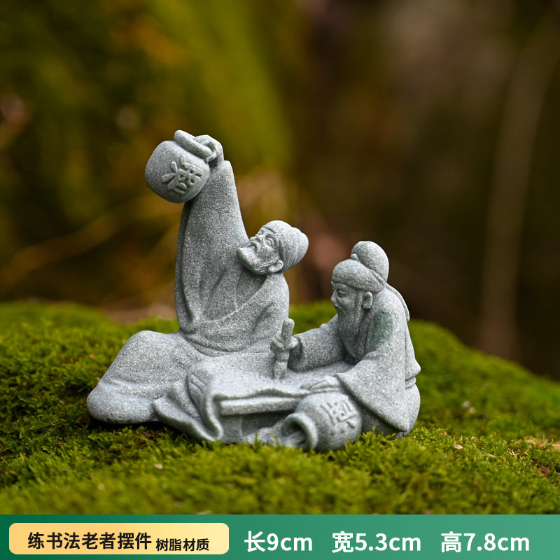 微景观对弈老头摆件花园盆景假山鱼缸仿真下棋老者人物造景装饰品