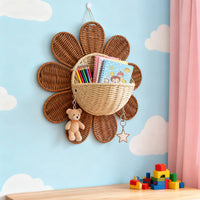 Woven Rattan Storage Basket Multi-Functional Flower Shaped Wall Basket Easy to Clean Yellow Blossom Hanging Planter for Bedroom