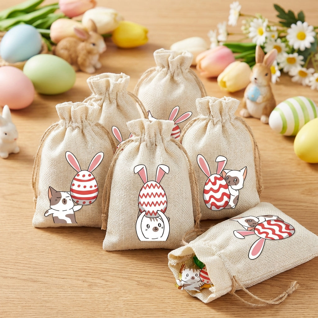 20pcs Easter Burlap Bag Rustic Design Easter Burlap Gift Bags Reusable Bunny Drawstring Bags for Kids, Spring Holiday Events, School Event, Infant Showers