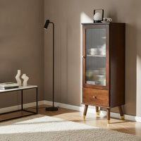 Display Cabinet with Drawer Walnut-Toned Glass-Front Freestanding Cabinet with Glass Doors for Living Room, Apartment