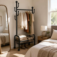 Freestanding Double Rod Garment Rack with Storage Basket