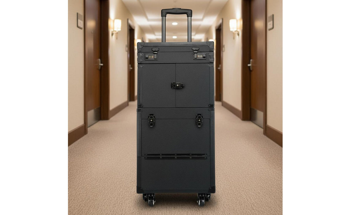 Large Capacity Professional Salon Travel Case Telescoping Handle Rolling Hairstylist Case Combination Lock Multi-Compartment Rolling Tool Chest for Barbers