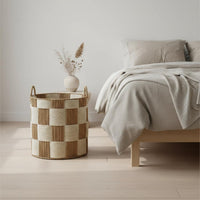 Woven Laundry Hamper Handwoven Round Blanket Basket Sturdy Handles Checkered Storage Bin for Living Room
