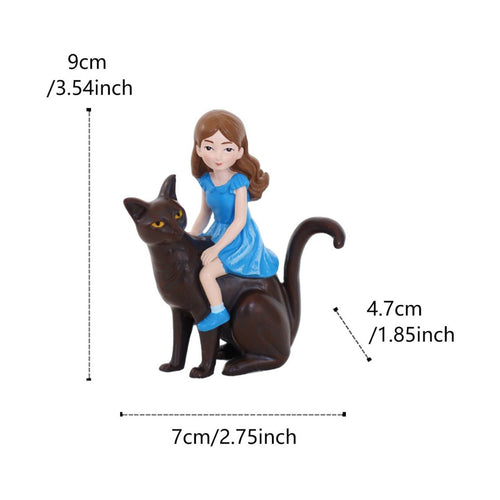 Black Cat and Girl Statue Micro Landscape Decor Girl Riding Cat Figurine